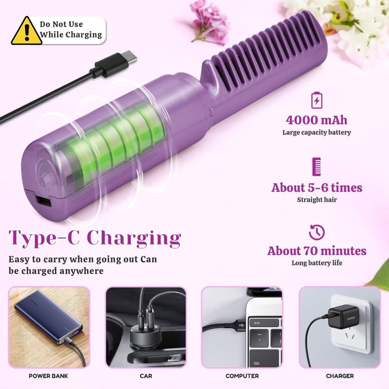 EasyStraight: Cordless Hair Straightening Comb with 3-Heat Settings, Rechargeable & Auto Shut-Off for Smooth Styling Anywhere