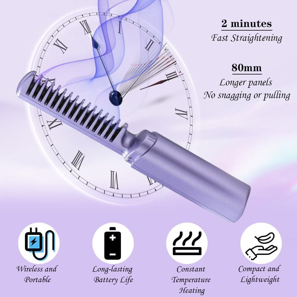 EasyStraight: Cordless Hair Straightening Comb with 3-Heat Settings, Rechargeable & Auto Shut-Off for Smooth Styling Anywhere