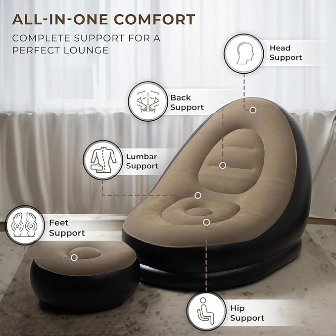 Inflatable Lounge Chair with Foot Stool – Portable Lazy Sofa for Adults | 2-in-1 Air Chair for Living Room, Bedroom, Office, Balcony & Outdoor Camping | Air Pump Included