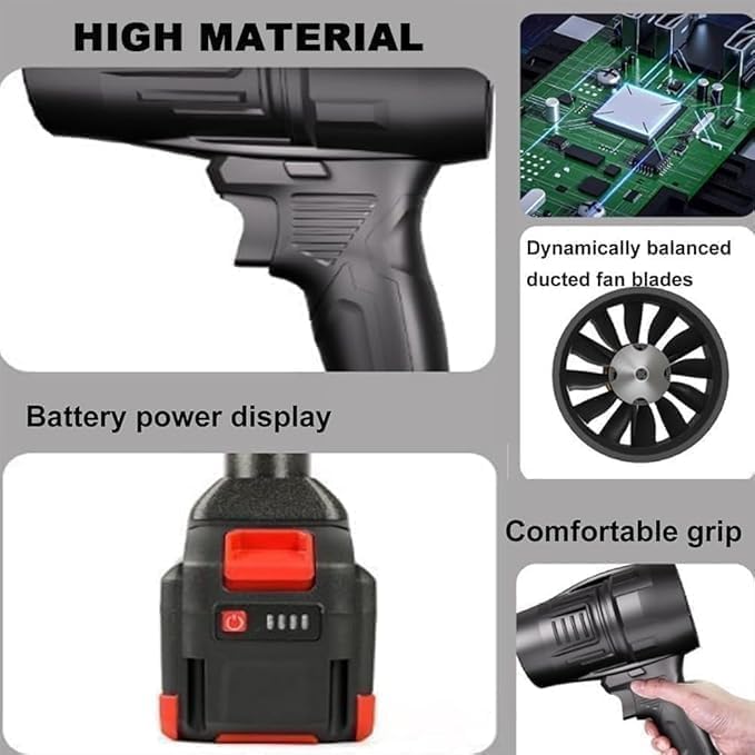 Powerful 48V cordless air blower with brushless motor. Perfect for car cleaning, home maintenance &amp; outdoor use. Portable turbo jet performance.
