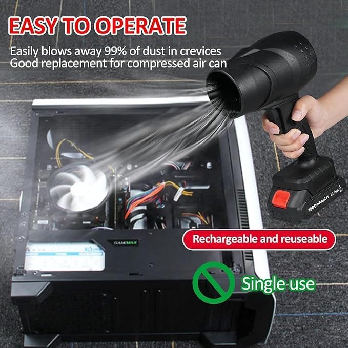 Powerful 48V cordless air blower with brushless motor. Perfect for car cleaning, home maintenance &amp; outdoor use. Portable turbo jet performance.