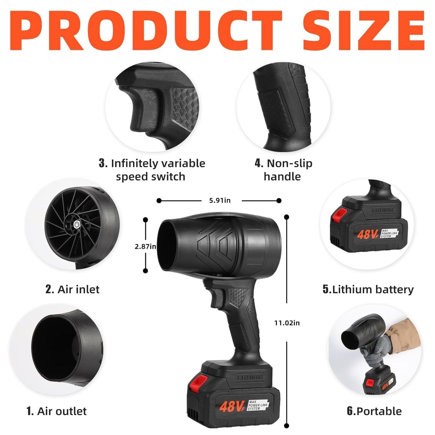 Powerful 48V cordless air blower with brushless motor. Perfect for car cleaning, home maintenance &amp; outdoor use. Portable turbo jet performance.