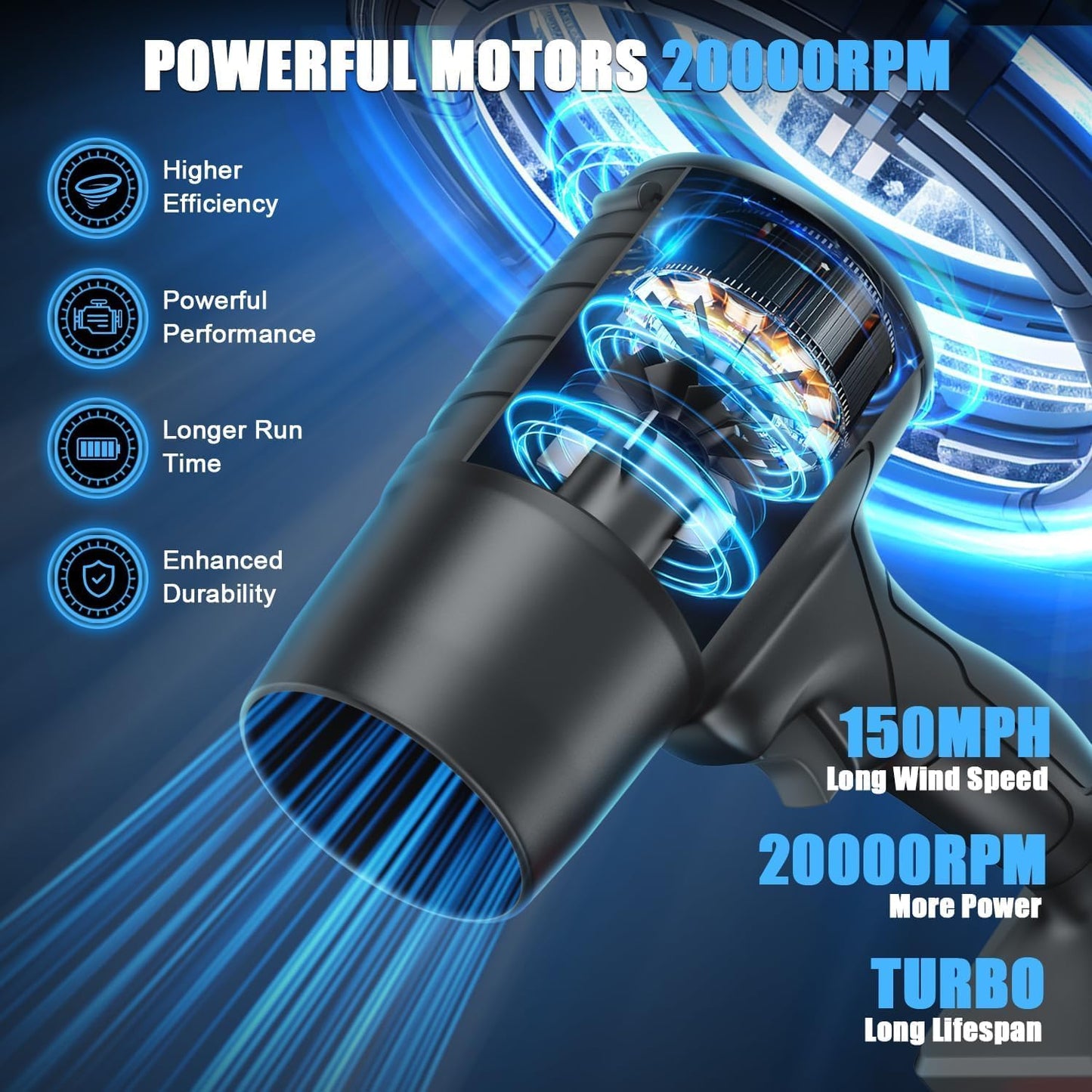 Powerful 48V cordless air blower with brushless motor. Perfect for car cleaning, home maintenance &amp; outdoor use. Portable turbo jet performance.