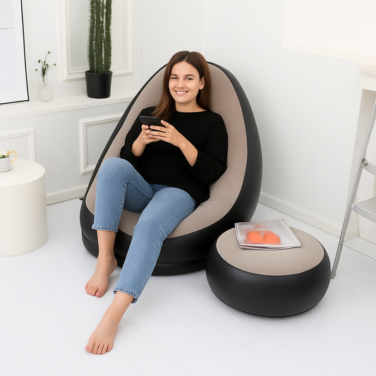 Inflatable Lounge Chair with Foot Stool – Portable Lazy Sofa for Adults | 2-in-1 Air Chair for Living Room, Bedroom, Office, Balcony & Outdoor Camping | Air Pump Included