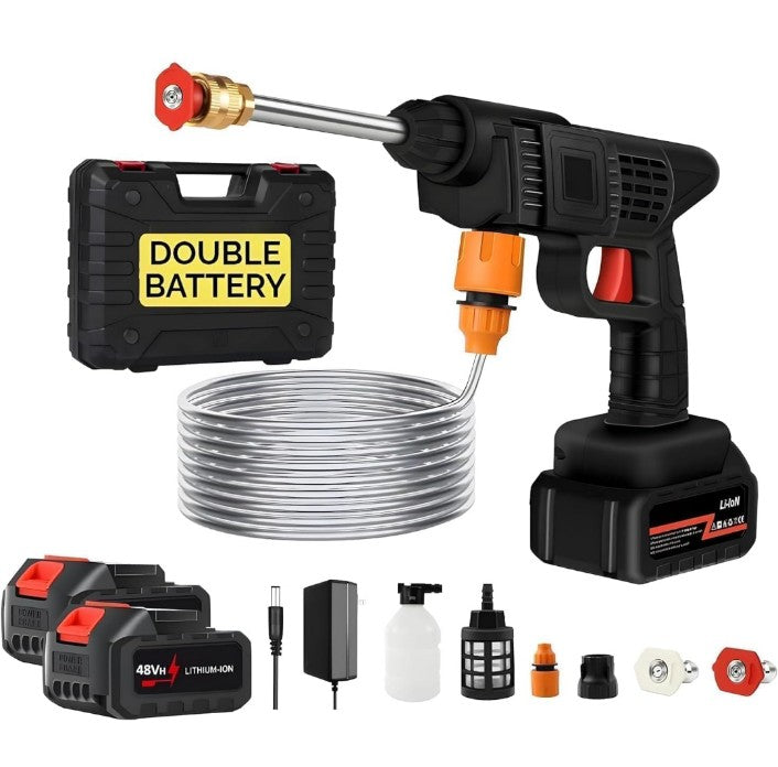 Double Battery.) Cordless Portable Wireless Pressure Washer Gun 48V 12000mAh High Pressure Water Gun for Car Wash and Bike Cleaning with Adjustable Nozzle and 5M Hose Pipe
