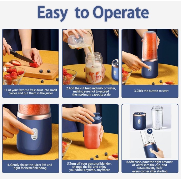 Portable Juicer Blender for Smoothies & Juices | USB Rechargeable Mini Blender Bottle | 400ml Shake Maker with 1800mAh Battery | Personal Smoothie Mixer for Home, Travel, Gym (Portable Juicer)
