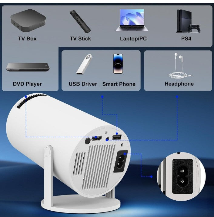 Smart Projector with Android 11 HD Projector 1080P 4K WiFi6 BT Home Theater Video Projector 180° Rotatable Stand Car Keystone Correction for Mobile Phone TV Stick