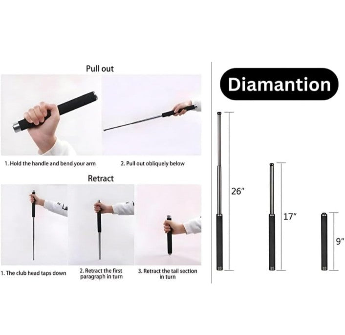 Stainless Steel Self-Defense Foldable Pointer & Safety Hiking Stick, Compact, Extendable Wand with Comfortable Grip & Nylon Bag | Ideal for Car, Office, Use (Pack of 1)