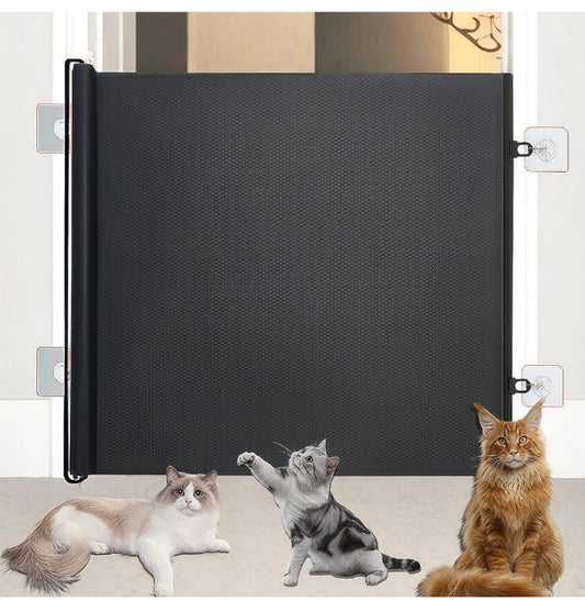 *Auto-Retractable No-Drill Pet Gate - Foldable Safety Barrier with Mesh for Dogs/Cats, Stairs & Indoor Use, Space-Saving Design, (Easy Install Fence) (Black Print)