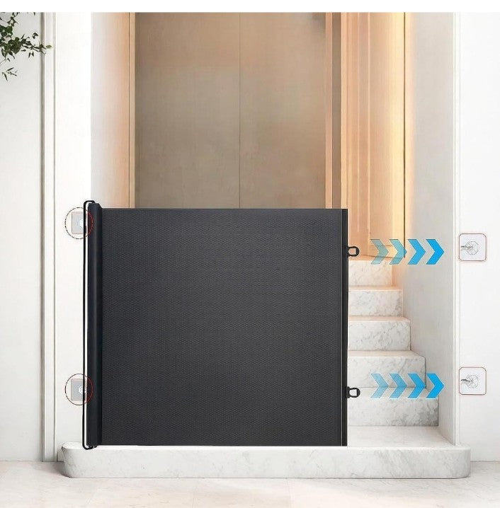 *Auto-Retractable No-Drill Pet Gate - Foldable Safety Barrier with Mesh for Dogs/Cats, Stairs & Indoor Use, Space-Saving Design, (Easy Install Fence) (Black Print)