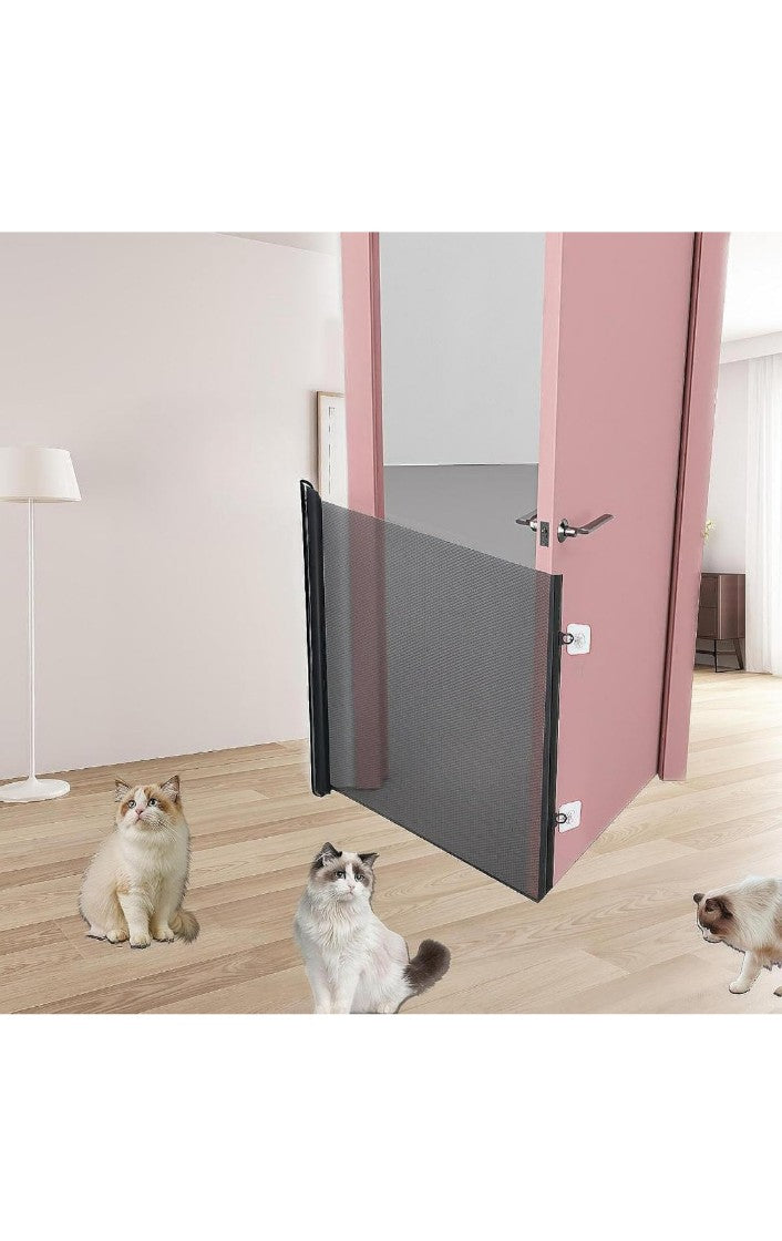 *Auto-Retractable No-Drill Pet Gate - Foldable Safety Barrier with Mesh for Dogs/Cats, Stairs & Indoor Use, Space-Saving Design, (Easy Install Fence) (Black Print)