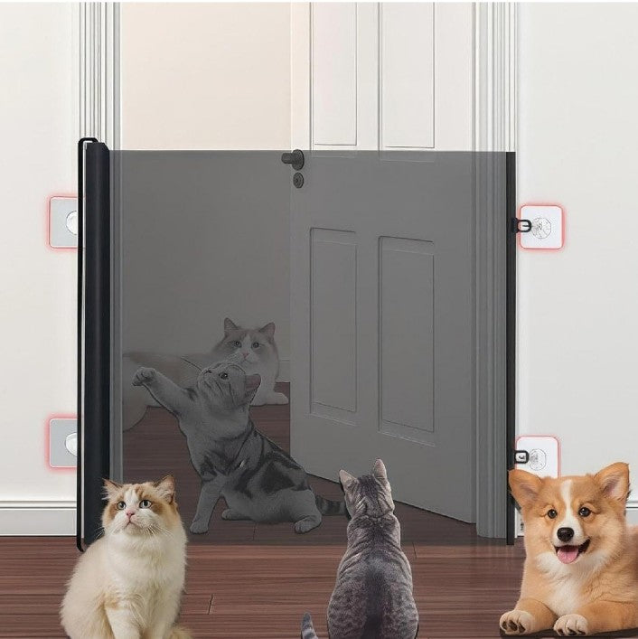 *Auto-Retractable No-Drill Pet Gate - Foldable Safety Barrier with Mesh for Dogs/Cats, Stairs & Indoor Use, Space-Saving Design, (Easy Install Fence) (Black Print)