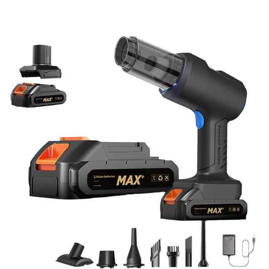 Black cordless vacuum cleaner with MAX+ battery and attachments on a white background
